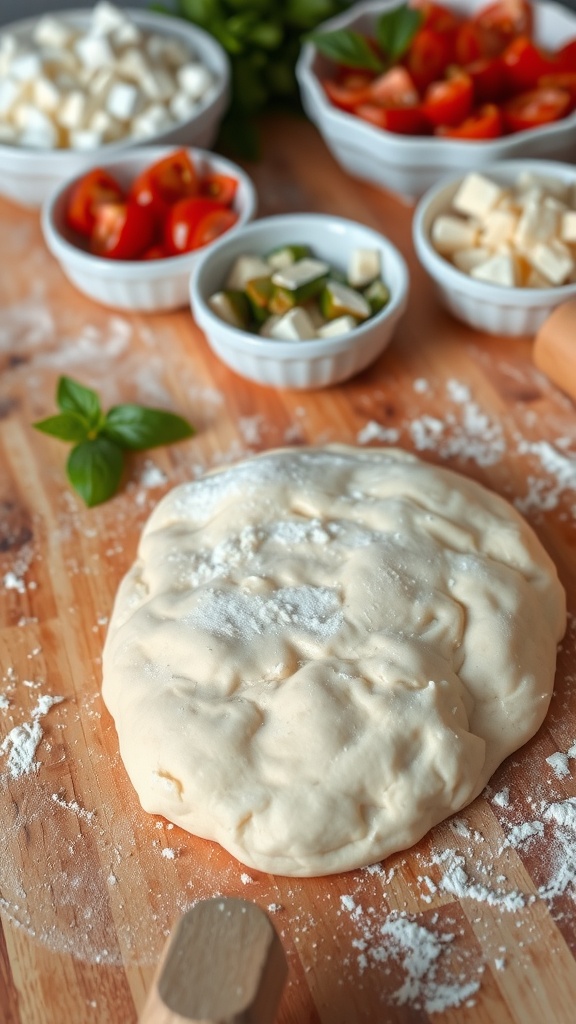 Freshly rolled pizza dough on a wooden surface with flour, surrounded by bowls of toppings.